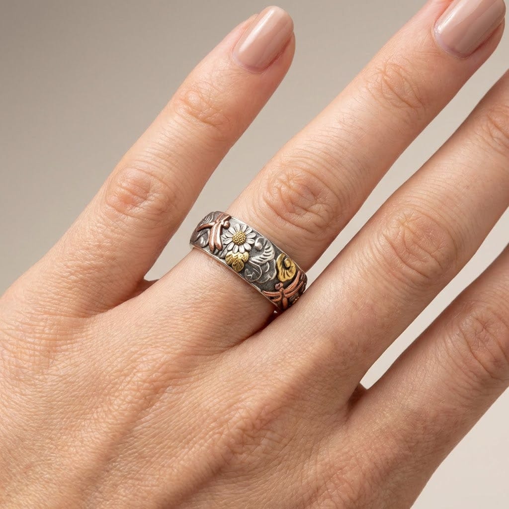 Anello Vintage in Argento Artigianale con Libellula e Girasole