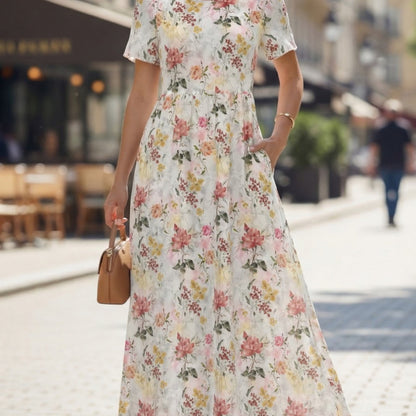 2026 Spring/Summer New Arrival - Short Sleeve Round Neck Floral Maxi Dress, Perfect for Both Office Commute And Leisure Vacation in Casual Loose Fitting Style