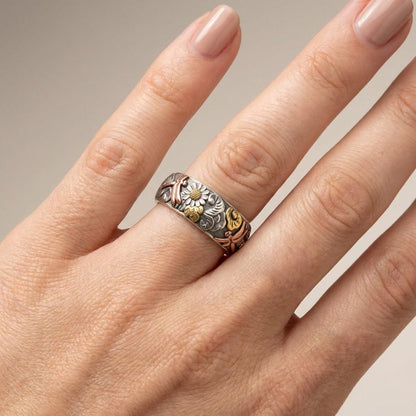Anello Vintage in Argento Artigianale con Libellula e Girasole