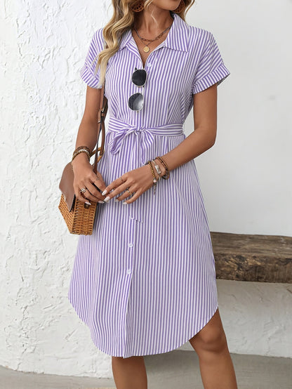 Giada-  Abito Midi da Donna Elegante a Righe con Cintura Stile Camicia
