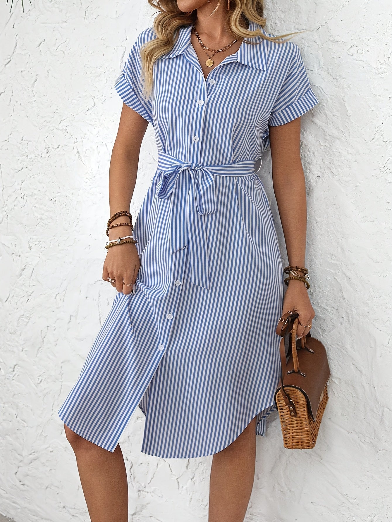 Giada-  Abito Midi da Donna Elegante a Righe con Cintura Stile Camicia