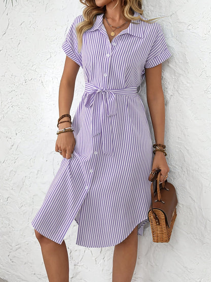 Giada-  Abito Midi da Donna Elegante a Righe con Cintura Stile Camicia