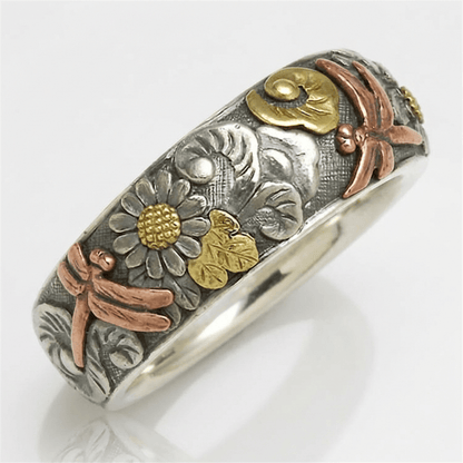 Anello Vintage in Argento Artigianale con Libellula e Girasole